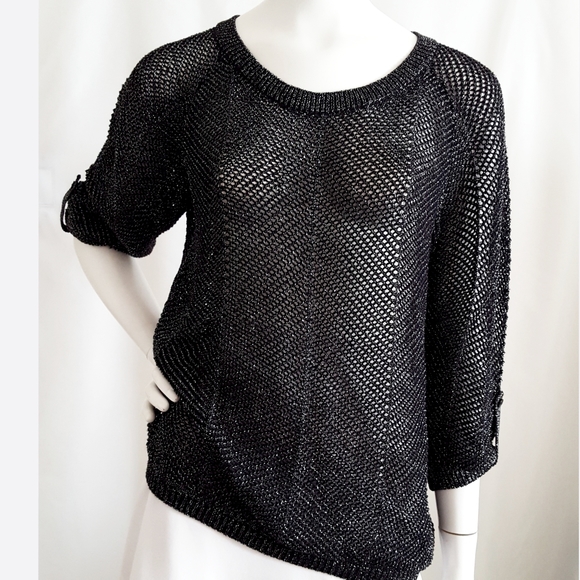 🔖P. Nygard🖤Fishnet Knit Sweater Top w/ 3/4 Sleeves Scoop Neck - Picture 8 of 11